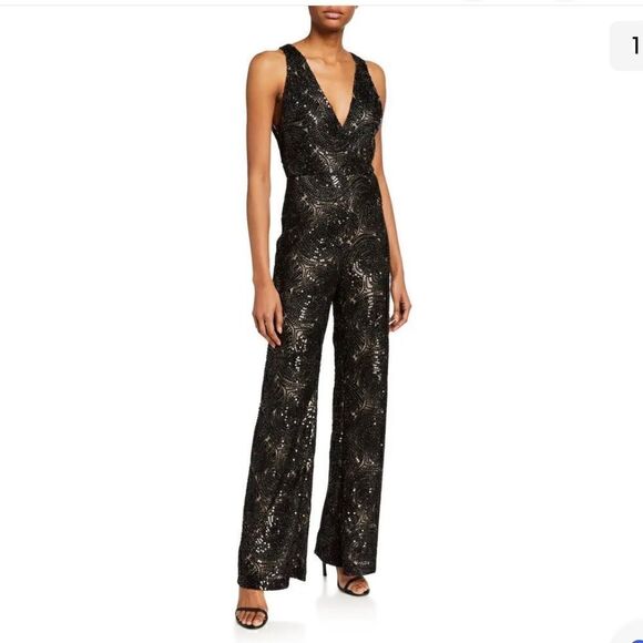 NWTs Alice + Olive Sofia Fully Beaded Jumpsuit w/ Plunging V Neck Size 4 - Picture 3 of 16